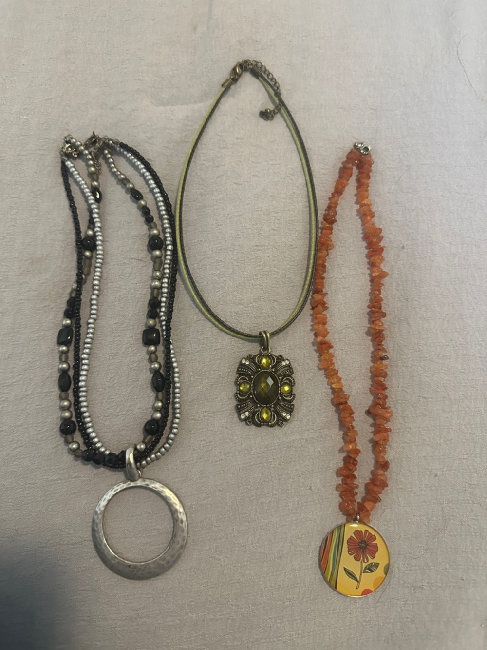 Lia Sophia green and Orange Chip-Bead Necklace with Floral Disc Pendant